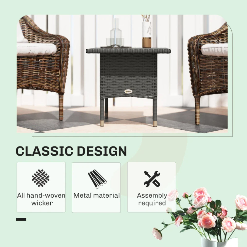Outsunny Rattan Side Table, Outdoor Coffee Table with Plastic Board Under the Full Woven Table Top for Patio, Garden, Balcony