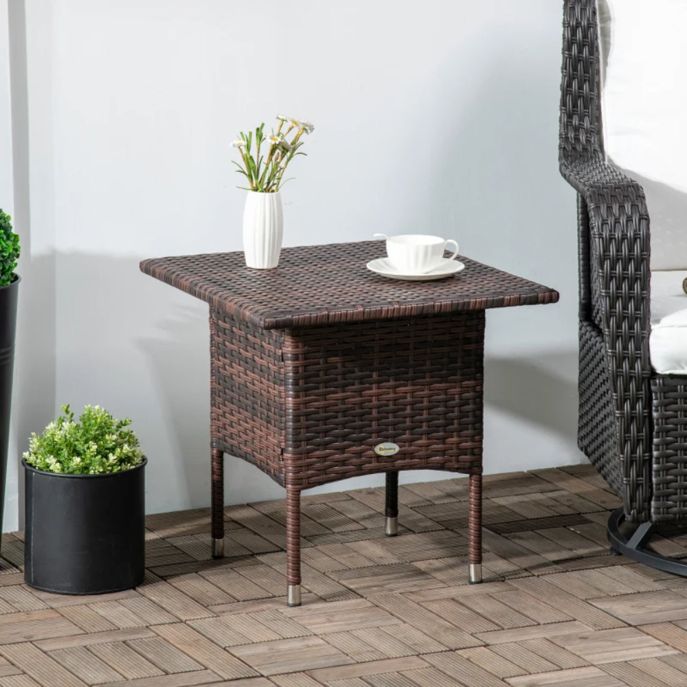Outsunny Rattan Side Table, Outdoor Coffee Table with Plastic Board Under the Full Woven Table Top for Patio, Garden, Balcony