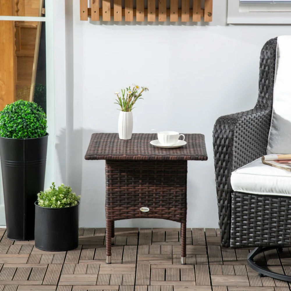 Outsunny Rattan Side Table, Outdoor Coffee Table with Plastic Board Under the Full Woven Table Top for Patio, Garden, Balcony