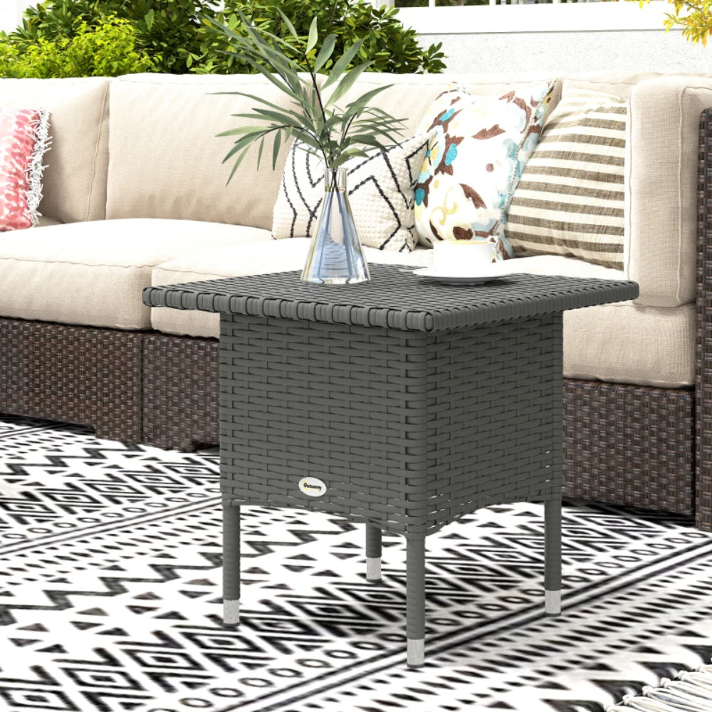 Outsunny Rattan Side Table, Outdoor Coffee Table with Plastic Board Under the Full Woven Table Top for Patio, Garden, Balcony