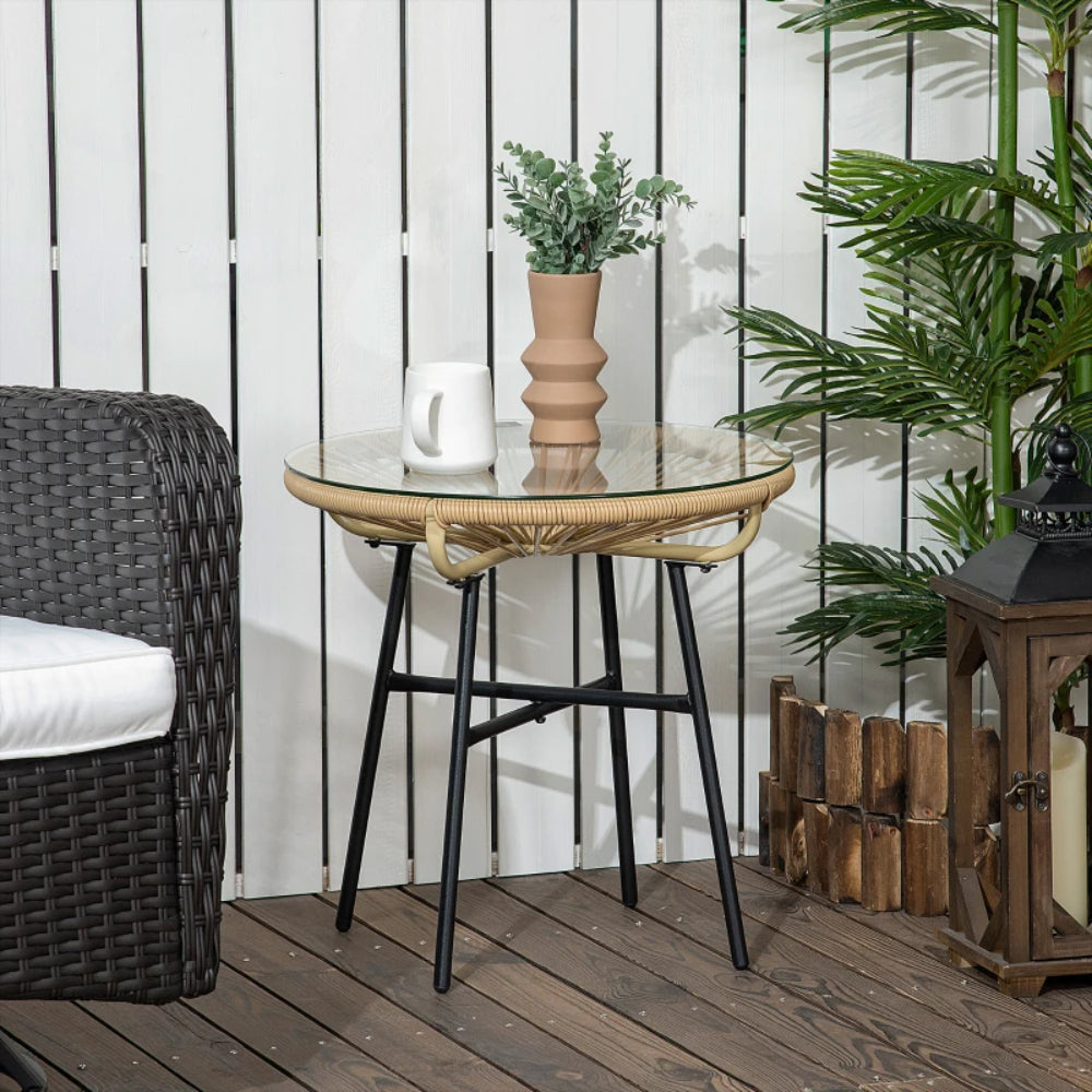 Outsunny Rattan Side Table, Round Outdoor Coffee Table, with Round PE Rattan and Tempered Glass Tabletop for Patio, Garden, Balcony