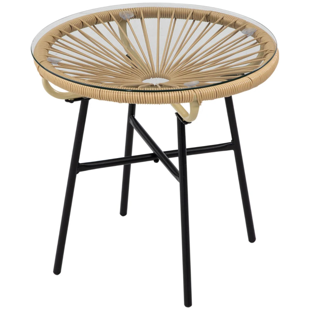 Outsunny Rattan Side Table, Round Outdoor Coffee Table, with Round PE Rattan and Tempered Glass Tabletop for Patio, Garden, Balcony
