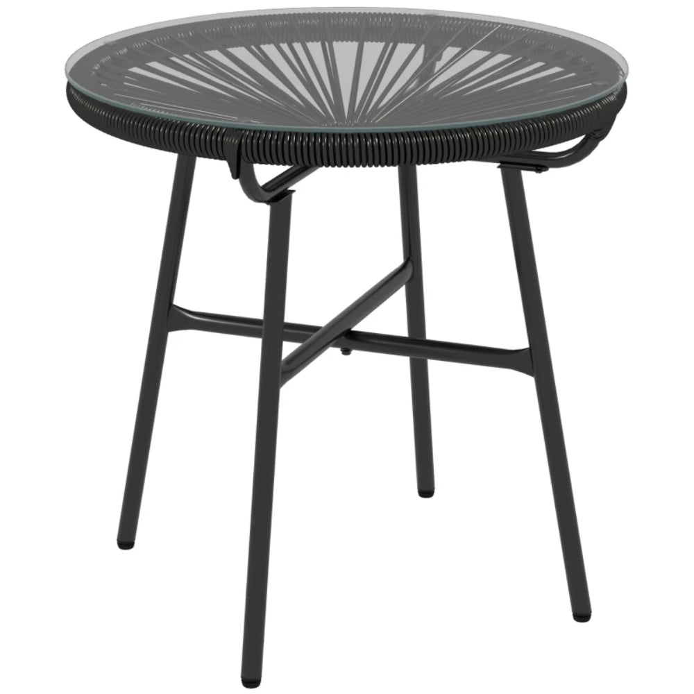 Outsunny Rattan Side Table, Round Outdoor Coffee Table, with Round PE Rattan and Tempered Glass Tabletop for Patio, Garden, Balcony
