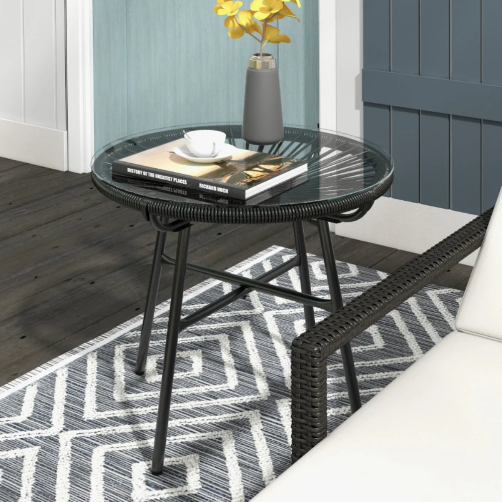 Outsunny Rattan Side Table, Round Outdoor Coffee Table, with Round PE Rattan and Tempered Glass Tabletop for Patio, Garden, Balcony