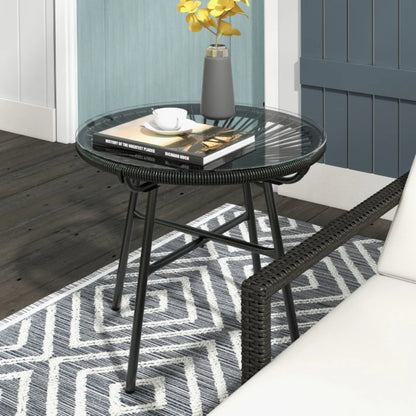 Outsunny Rattan Side Table, Round Outdoor Coffee Table, with Round PE Rattan and Tempered Glass Tabletop for Patio, Garden, Balcony