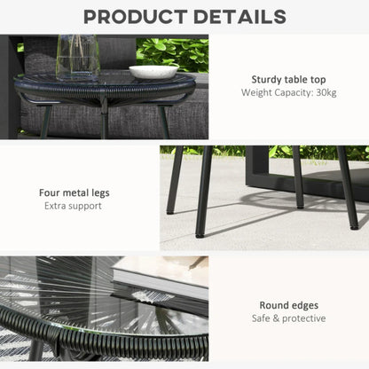Outsunny Rattan Side Table, Round Outdoor Coffee Table, with Round PE Rattan and Tempered Glass Tabletop for Patio, Garden, Balcony