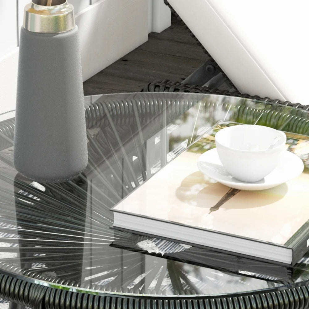 Outsunny Rattan Side Table, Round Outdoor Coffee Table, with Round PE Rattan and Tempered Glass Tabletop for Patio, Garden, Balcony