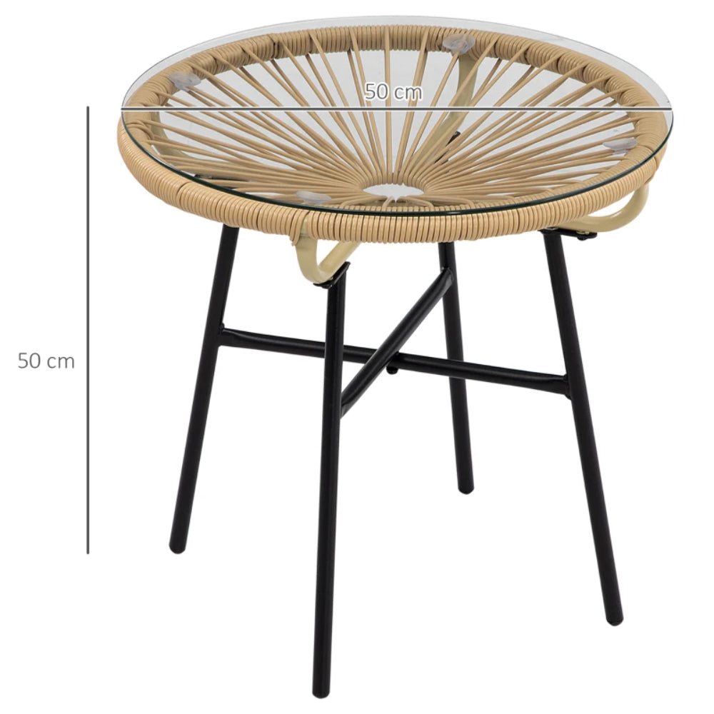 Outsunny Rattan Side Table, Round Outdoor Coffee Table, with Round PE Rattan and Tempered Glass Tabletop for Patio, Garden, Balcony