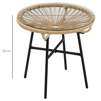 Outsunny Rattan Side Table, Round Outdoor Coffee Table, with Round PE Rattan and Tempered Glass Tabletop for Patio, Garden, Balcony
