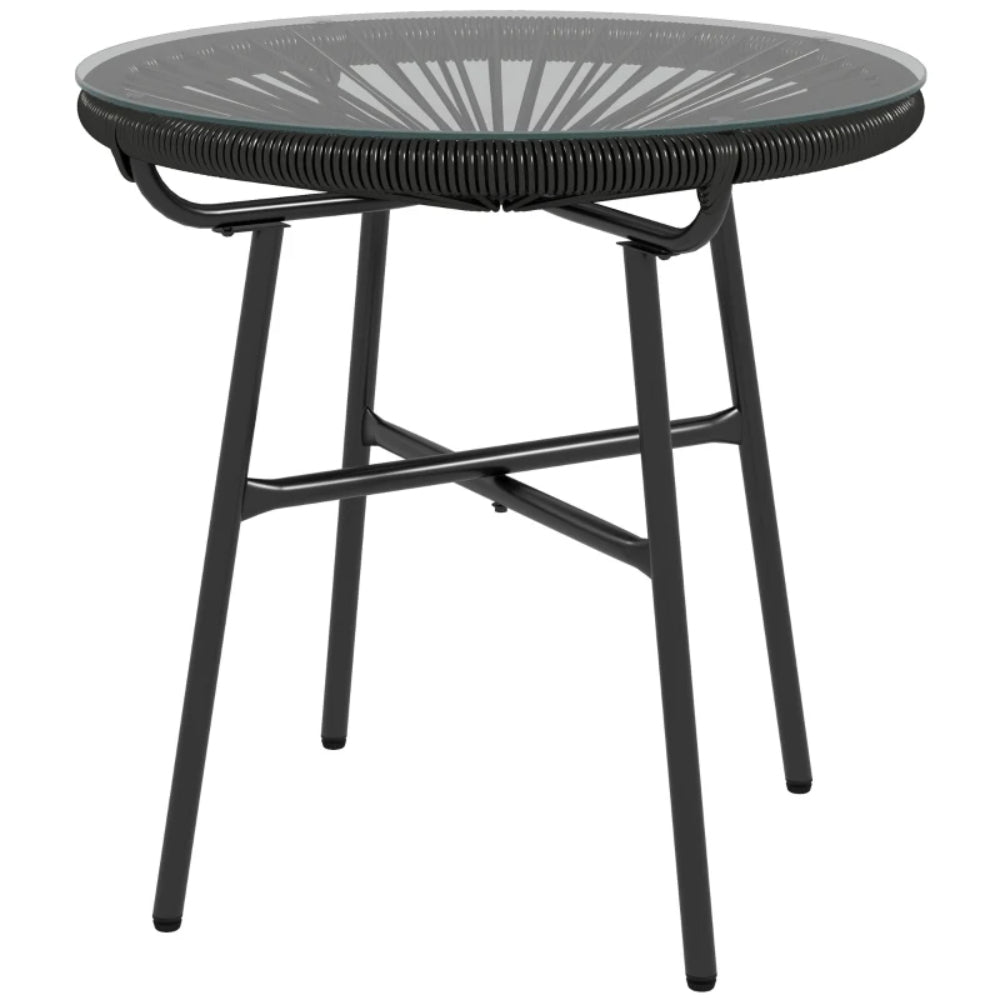 Outsunny Rattan Side Table, Round Outdoor Coffee Table, with Round PE Rattan and Tempered Glass Tabletop for Patio, Garden, Balcony
