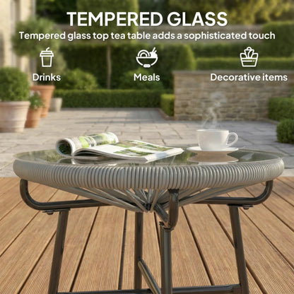 Outsunny Rattan Side Table, Round Outdoor Coffee Table, with Round PE Rattan and Tempered Glass Tabletop for Patio, Garden, Balcony