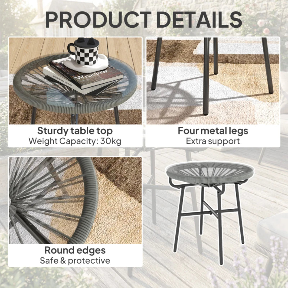 Outsunny Rattan Side Table, Round Outdoor Coffee Table, with Round PE Rattan and Tempered Glass Tabletop for Patio, Garden, Balcony