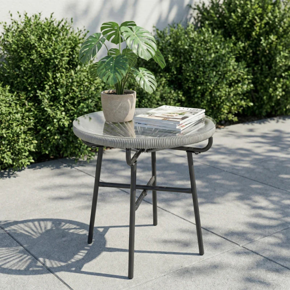 Outsunny Rattan Side Table, Round Outdoor Coffee Table, with Round PE Rattan and Tempered Glass Tabletop for Patio, Garden, Balcony