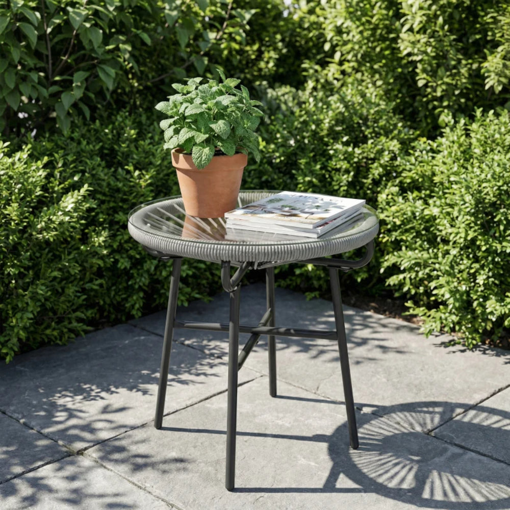 Outsunny Rattan Side Table, Round Outdoor Coffee Table, with Round PE Rattan and Tempered Glass Tabletop for Patio, Garden, Balcony
