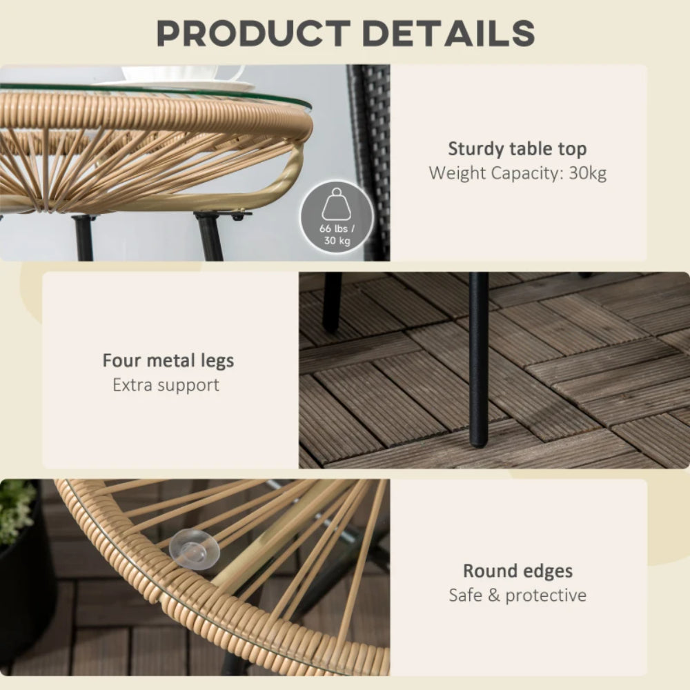 Outsunny Rattan Side Table, Round Outdoor Coffee Table, with Round PE Rattan and Tempered Glass Tabletop for Patio, Garden, Balcony