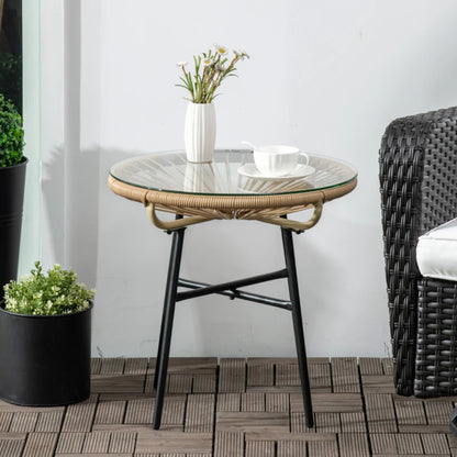 Outsunny Rattan Side Table, Round Outdoor Coffee Table, with Round PE Rattan and Tempered Glass Tabletop for Patio, Garden, Balcony