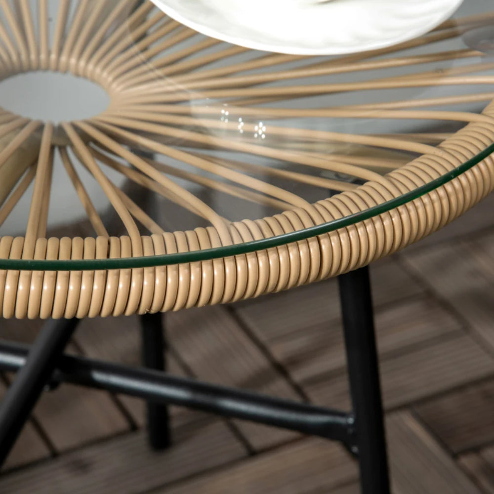 Outsunny Rattan Side Table, Round Outdoor Coffee Table, with Round PE Rattan and Tempered Glass Tabletop for Patio, Garden, Balcony