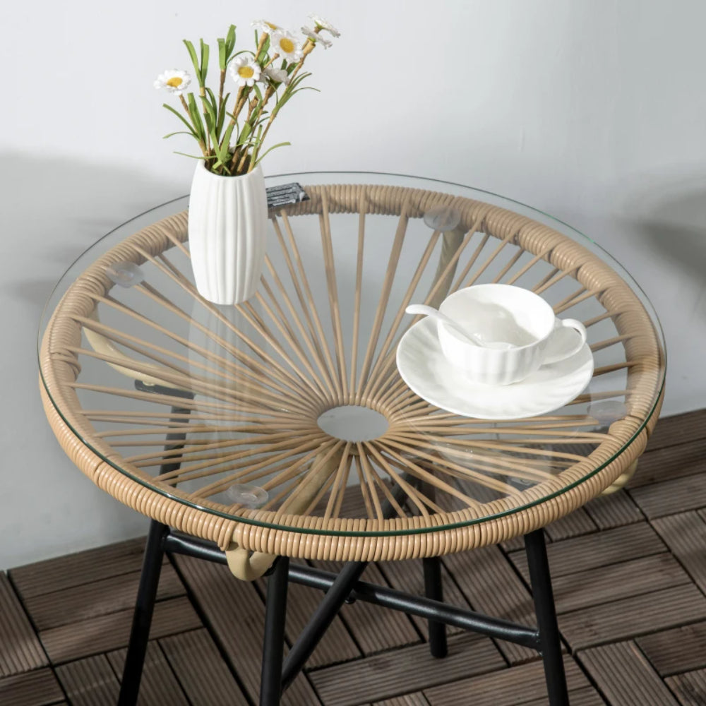 Outsunny Rattan Side Table, Round Outdoor Coffee Table, with Round PE Rattan and Tempered Glass Tabletop for Patio, Garden, Balcony