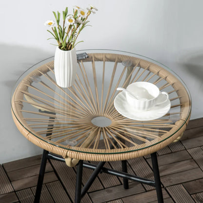 Outsunny Rattan Side Table, Round Outdoor Coffee Table, with Round PE Rattan and Tempered Glass Tabletop for Patio, Garden, Balcony