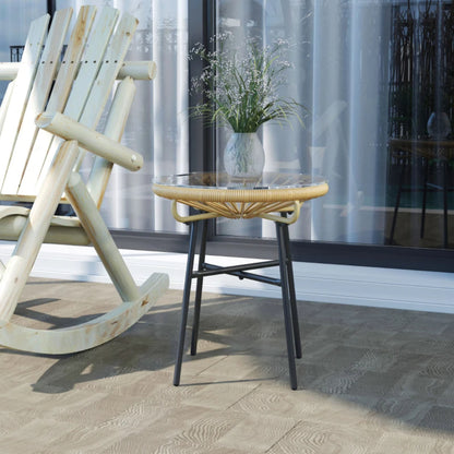 Outsunny Rattan Side Table, Round Outdoor Coffee Table, with Round PE Rattan and Tempered Glass Tabletop for Patio, Garden, Balcony