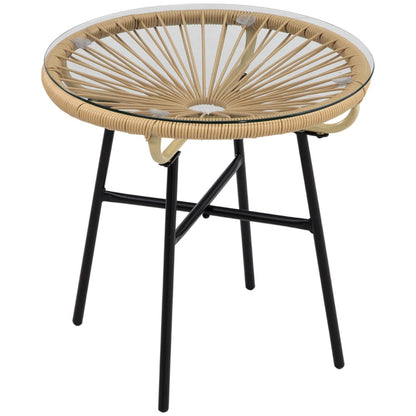 Outsunny Rattan Side Table, Round Outdoor Coffee Table, with Round PE Rattan and Tempered Glass Tabletop for Patio, Garden, Balcony