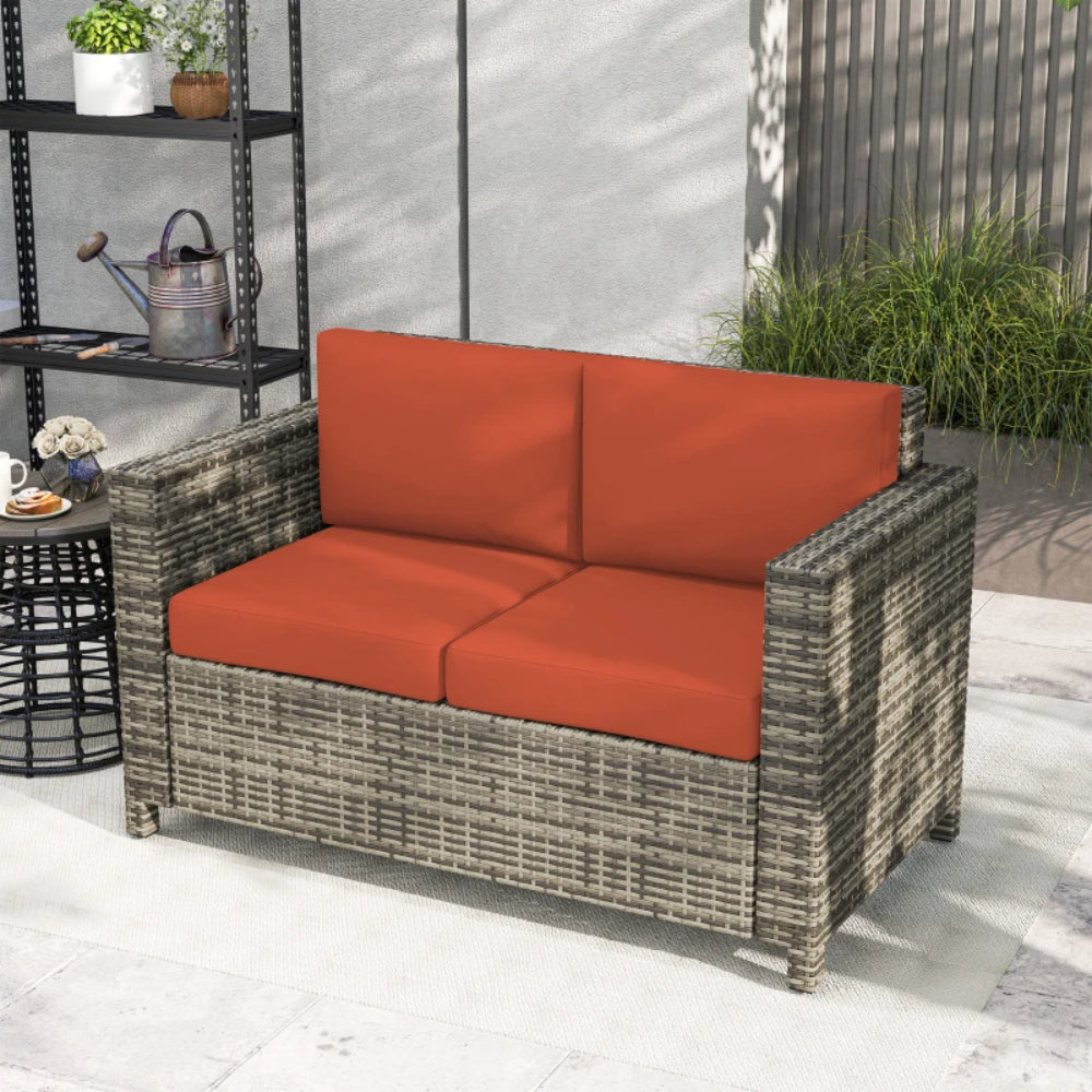 Outsunny Rattan Sofa, 2 Seater Garden Furniture with Soft Padded Cushion and Armrests, Wicker Garden Loveseat for Patio