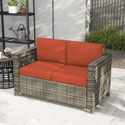 Outsunny Rattan Sofa, 2 Seater Garden Furniture with Soft Padded Cushion and Armrests, Wicker Garden Loveseat for Patio