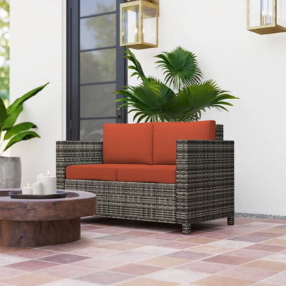 Outsunny Rattan Sofa, 2 Seater Garden Furniture with Soft Padded Cushion and Armrests, Wicker Garden Loveseat for Patio