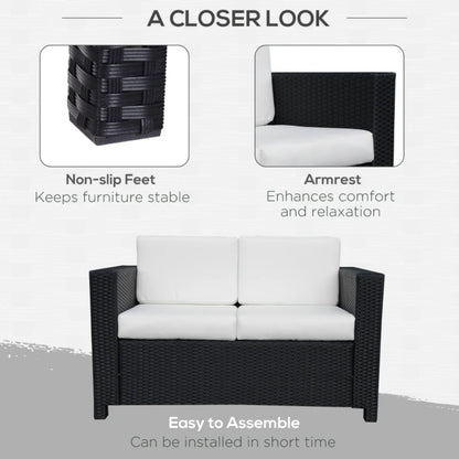 Outsunny Rattan Sofa, 2 Seater Garden Furniture with Soft Padded Cushion and Armrests, Wicker Garden Loveseat for Patio