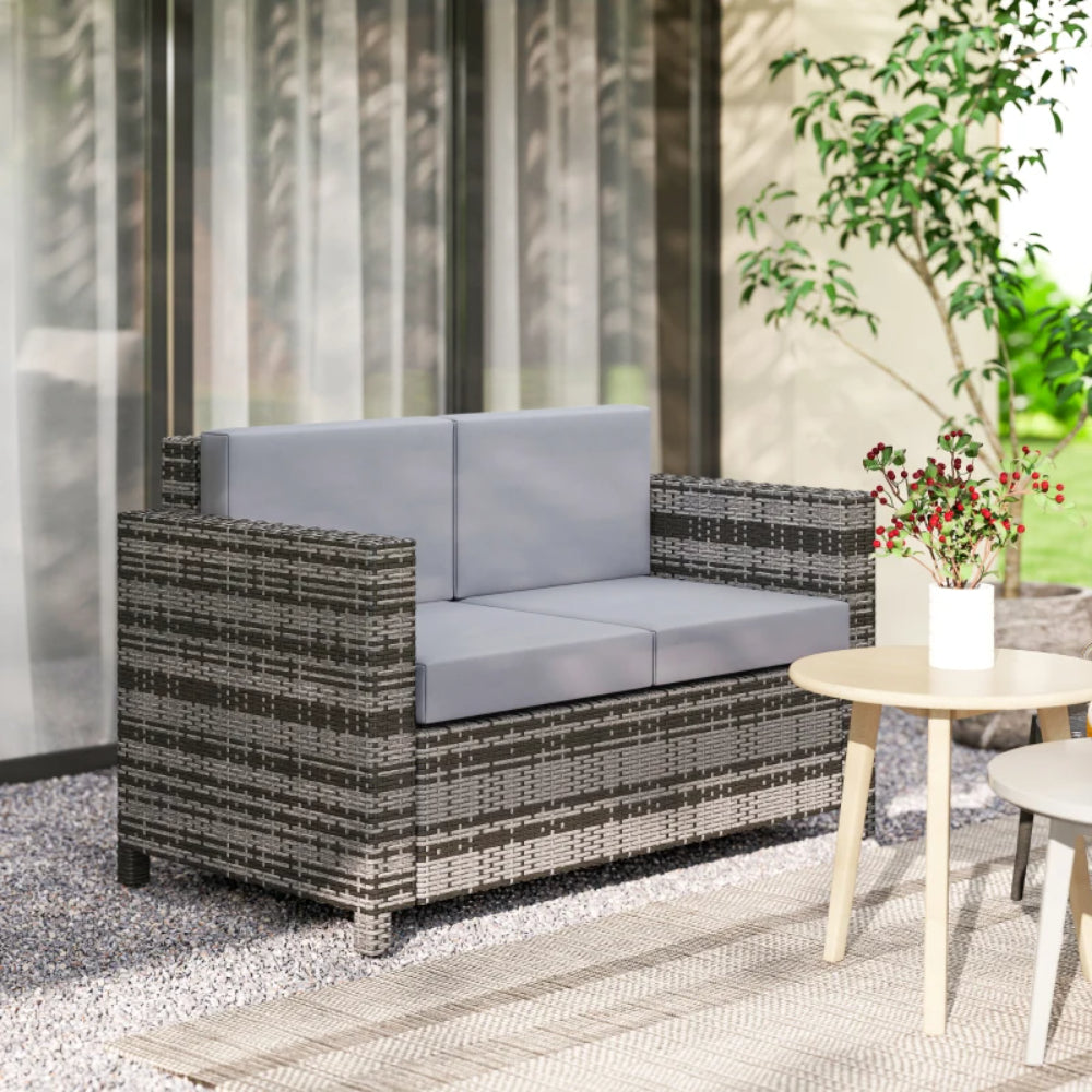 Outsunny Rattan Sofa, 2 Seater Garden Furniture with Soft Padded Cushion and Armrests, Wicker Garden Loveseat for Patio