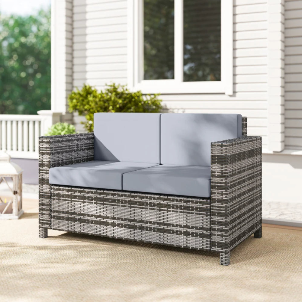 Outsunny Rattan Sofa, 2 Seater Garden Furniture with Soft Padded Cushion and Armrests, Wicker Garden Loveseat for Patio
