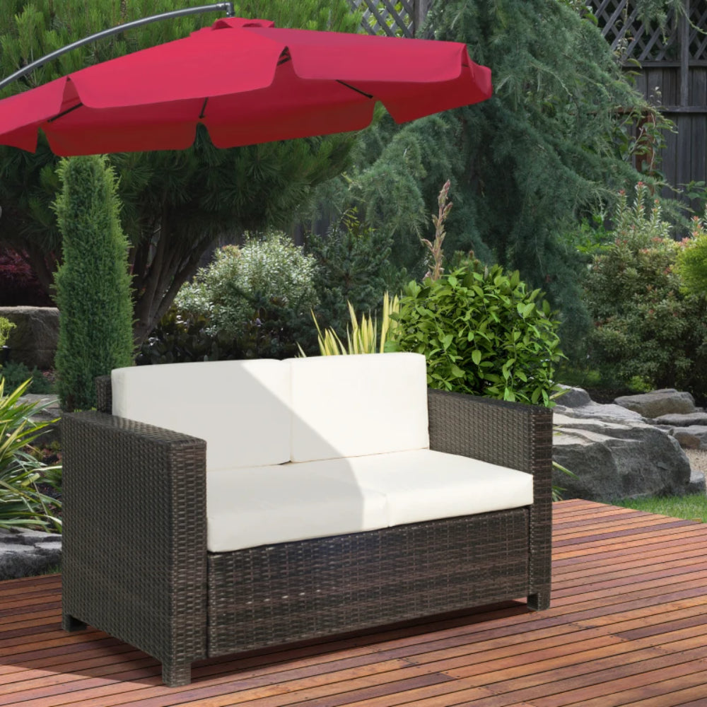 Outsunny Rattan Sofa, 2 Seater Garden Furniture with Soft Padded Cushion and Armrests, Wicker Garden Loveseat for Patio