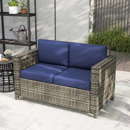Outsunny Rattan Sofa, 2 Seater Garden Furniture with Soft Padded Cushion and Armrests, Wicker Garden Loveseat for Patio