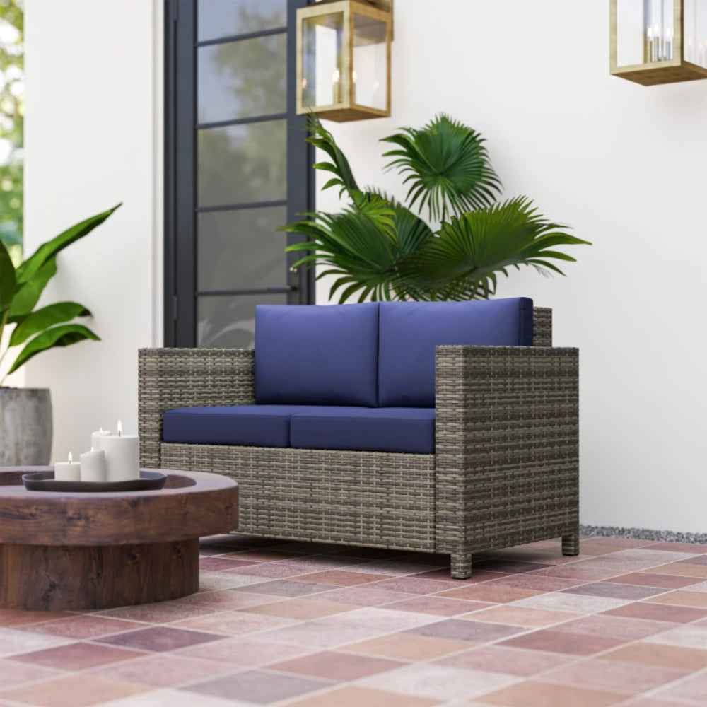Outsunny Rattan Sofa, 2 Seater Garden Furniture with Soft Padded Cushion and Armrests, Wicker Garden Loveseat for Patio