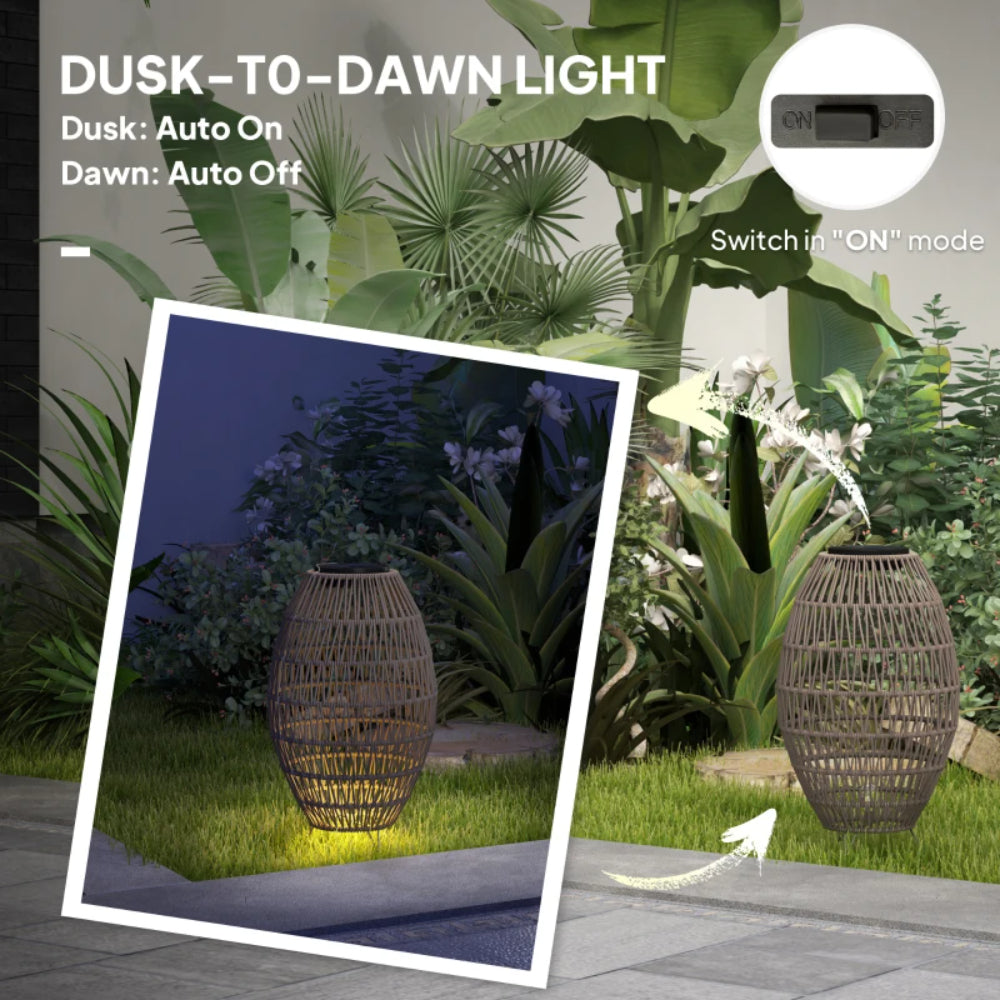 Outsunny Rattan Solar Lamp, Garden Solar Lantern with Auto On/Off Light, IP44 Waterproof, Decorative Outdoor Rattan Lamp for Porch, Pathway