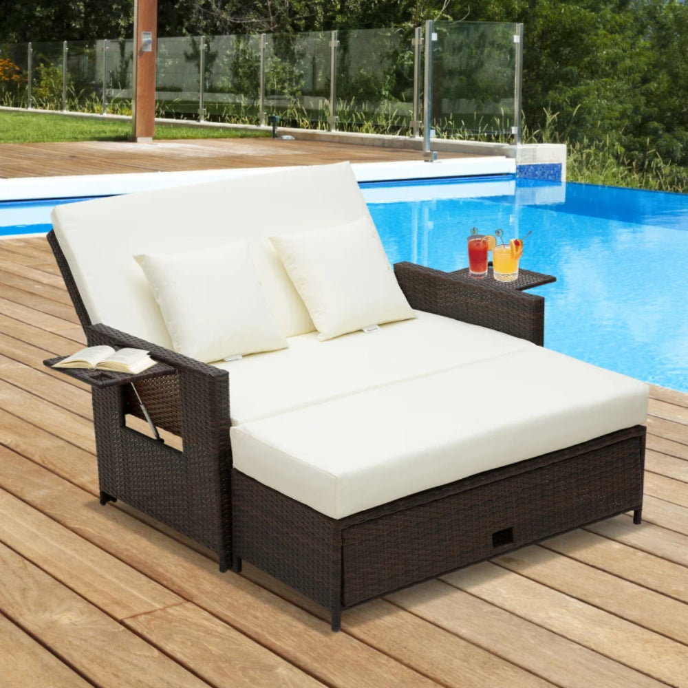 Outsunny Rattan Sun Lounger 2 Seater Day Bed with Cushions, Brown