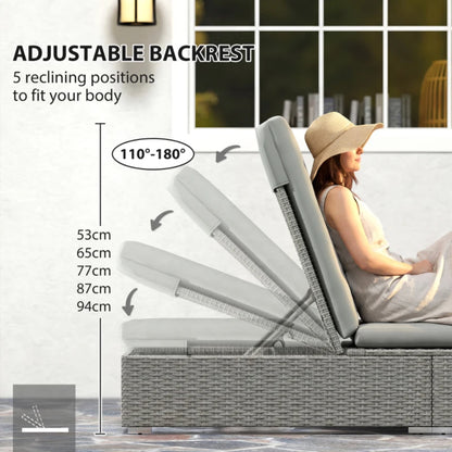 Outsunny Rattan Sun Lounger, Five-Position Reclining Garden Lounger Bed with Cushion, Light Grey