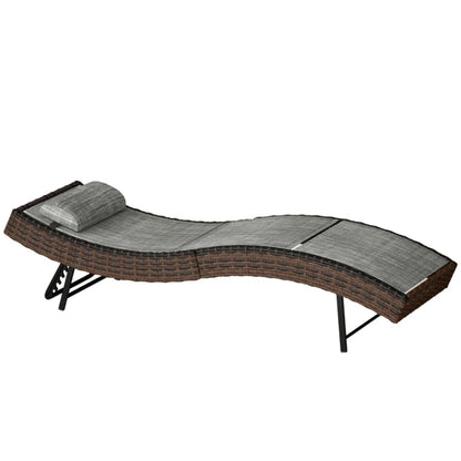 Outsunny Rattan Sun Lounger, Garden Recliner with 5 Position Adjustable Back, S Shaped Texteline Seat, Headrest, Brown