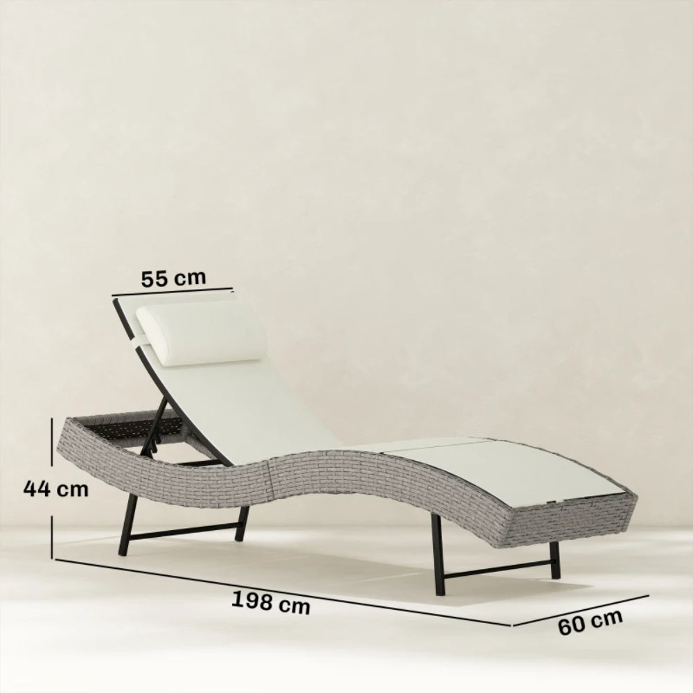 Outsunny Rattan Sun Lounger, Garden Recliner with 5 Position Adjustable Back, S Shaped Texteline Seat, Headrest, Cream White