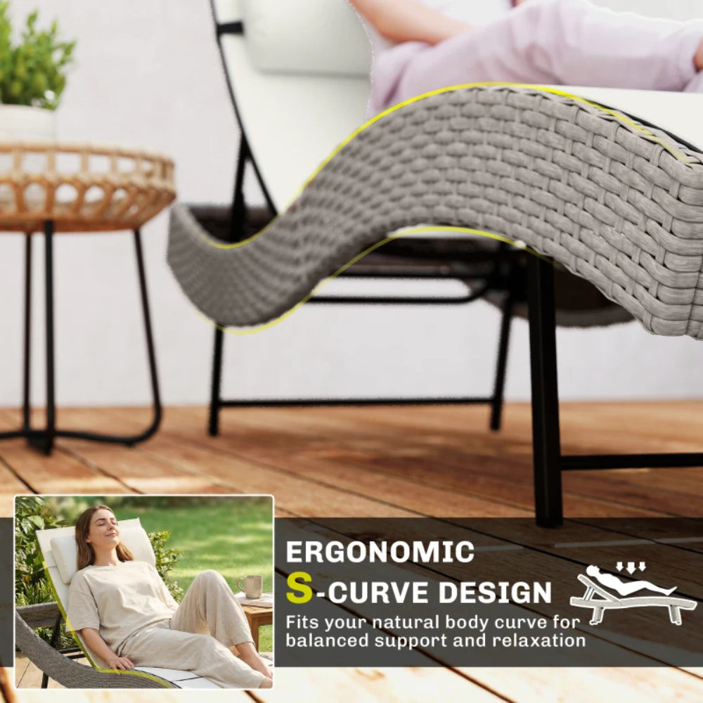 Outsunny Rattan Sun Lounger, Garden Recliner with 5 Position Adjustable Back, S Shaped Texteline Seat, Headrest, Cream White