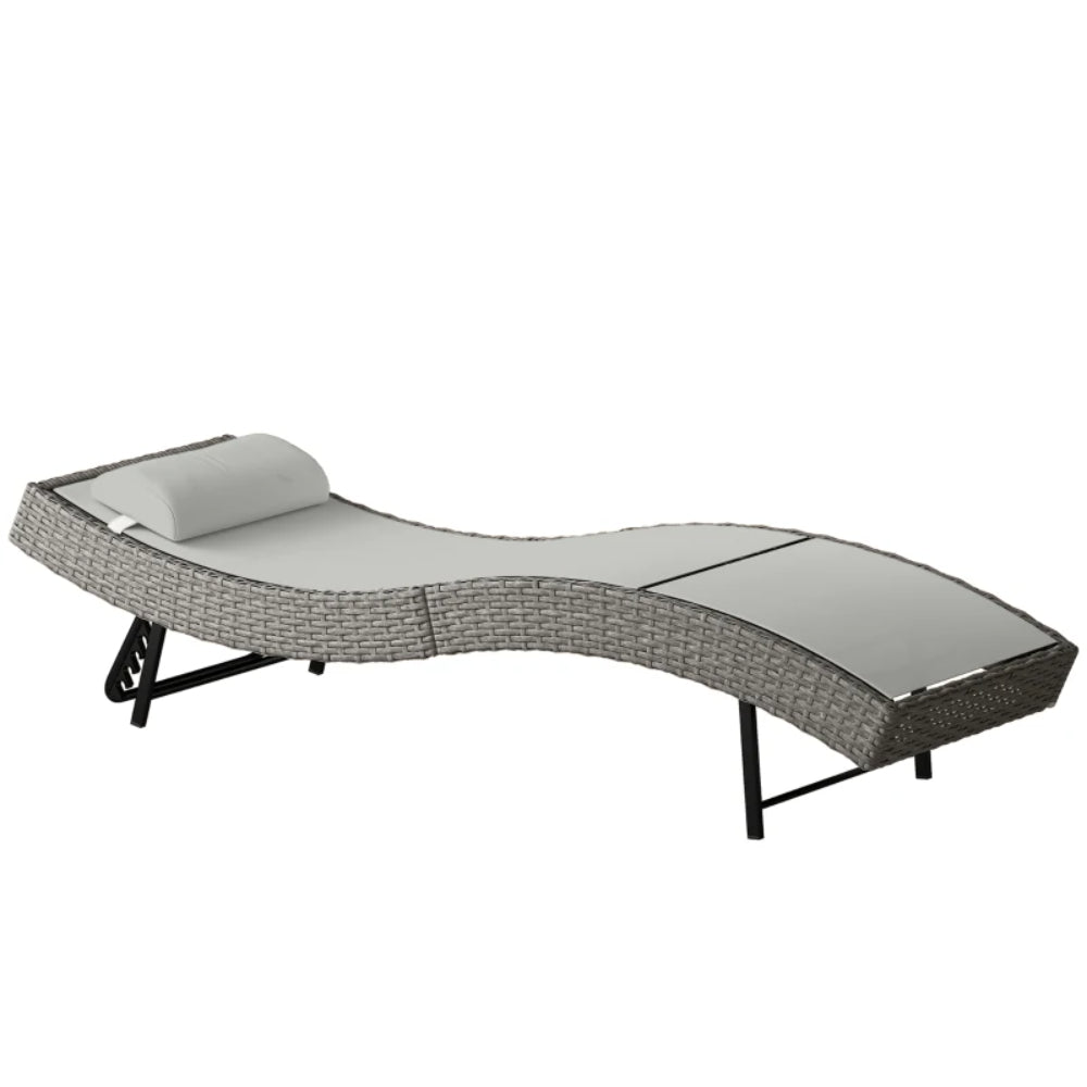 Outsunny Rattan Sun Lounger, Garden Recliner with 5 Position Adjustable Back, S Shaped Texteline Seat, Headrest, Light Grey