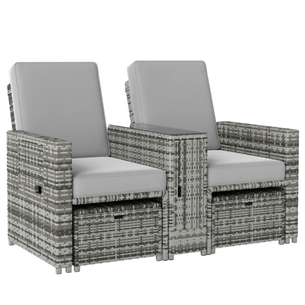 Outsunny Rattan Sun Lounger w/ Storage Tea Table & Footstools, Grey