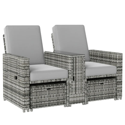 Outsunny Rattan Sun Lounger w/ Storage Tea Table & Footstools, Grey