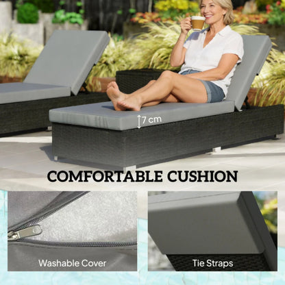Outsunny Rattan Sun Loungers Set of 2 with Side Table, Garden Recliner Sunbeds with Adjustable Back, Cushions, Dark Grey