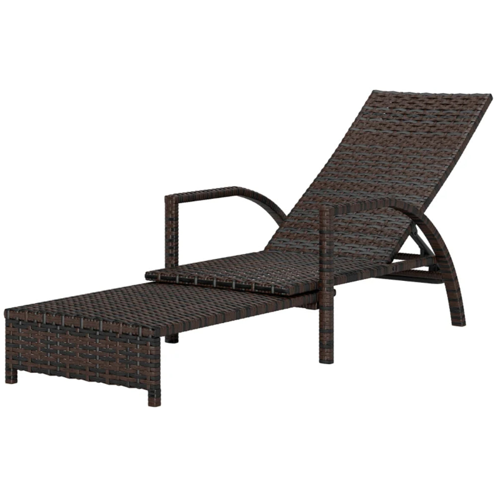 Outsunny Reclining Rattan Lounger, with Extending Footrest - Brown