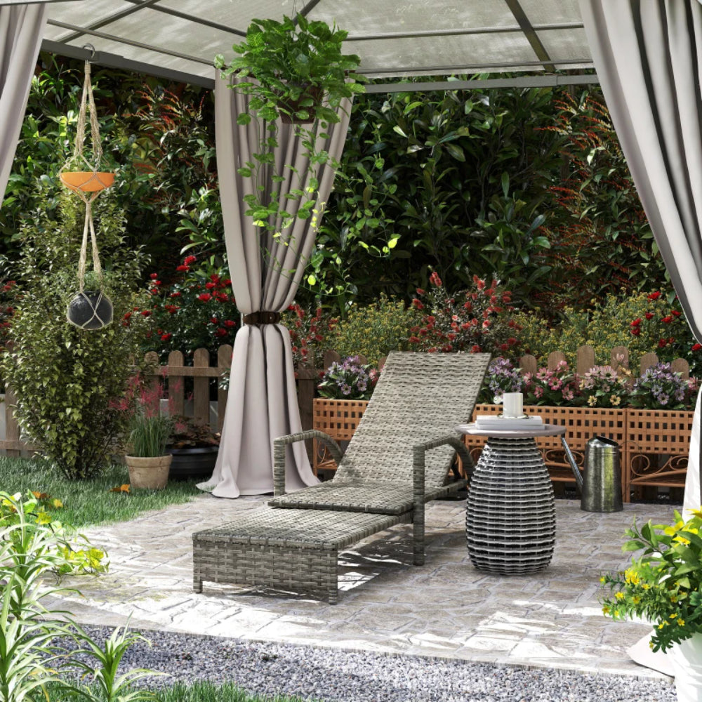 Outsunny Reclining Rattan Lounger, with Extending Footrest - Grey