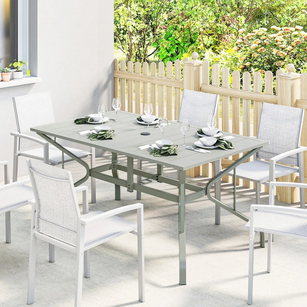 Outsunny Rectangle Garden Table with Parasol Hole, Outdoor Dining Table for 6, Patio Table for Balcony, 150cm x 90cm, Light Grey 1
