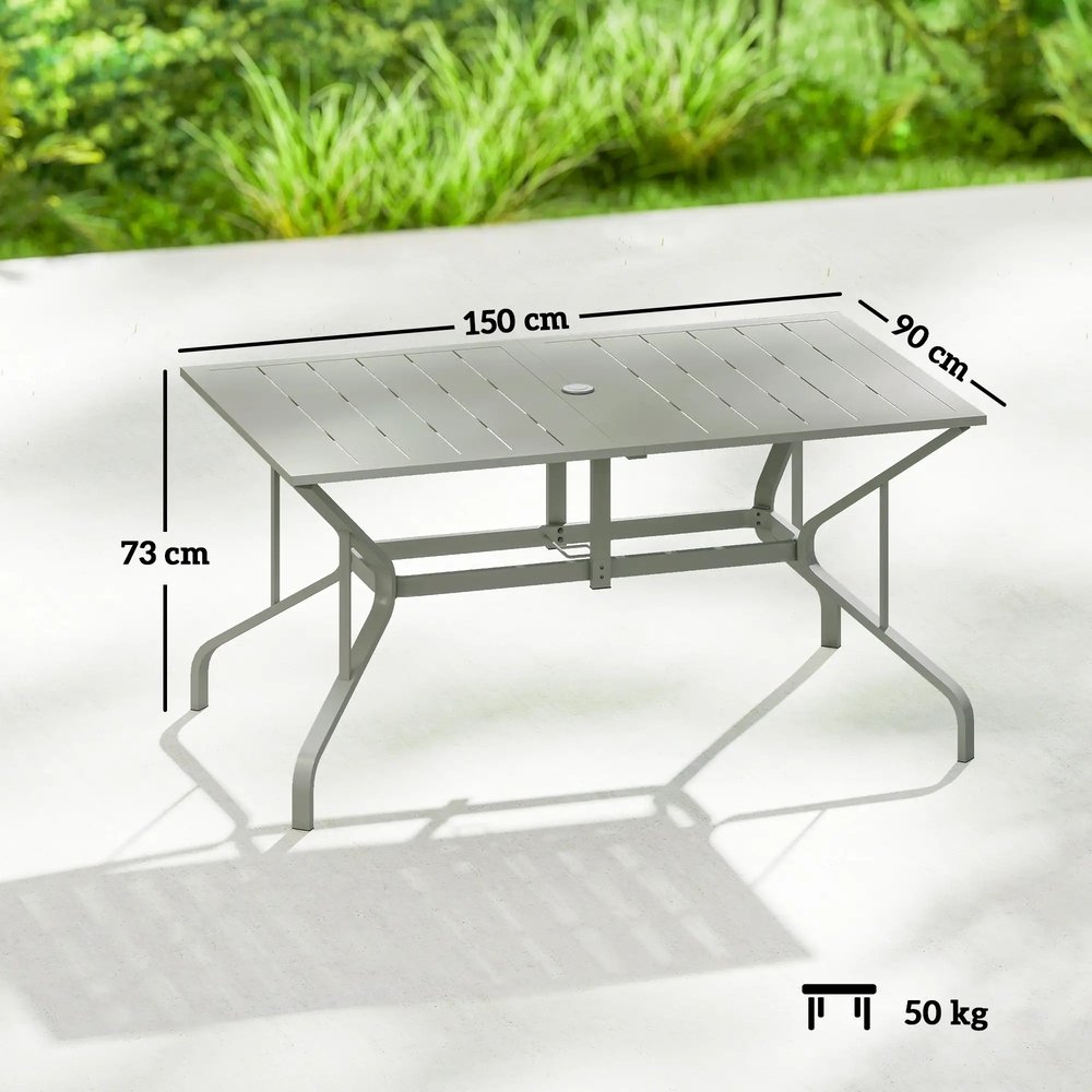 Outsunny Rectangle Garden Table with Parasol Hole, Outdoor Dining Table for 6, Patio Table for Balcony, 150cm x 90cm, Light Grey 2