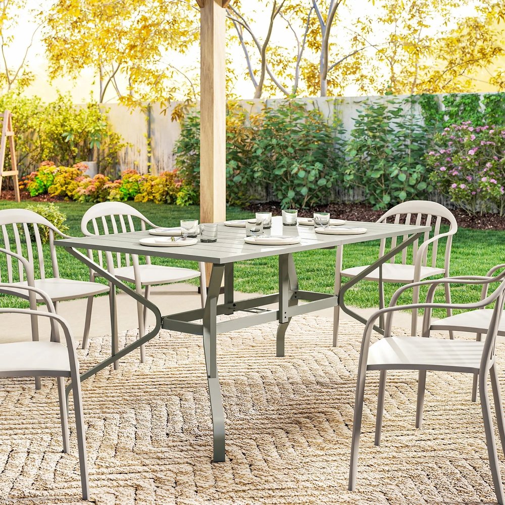 Outsunny Rectangle Garden Table with Parasol Hole, Outdoor Dining Table for 6, Patio Table for Balcony, 150cm x 90cm, Light Grey 7