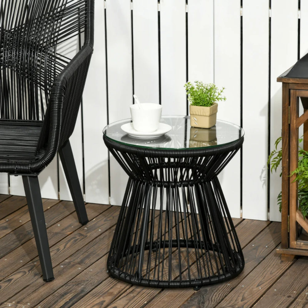 Outsunny Round End Table, Rattan Side Table, Hollow Drum Design Coffee Table w/ Glass Tabletop for Patio, Garden, Balcony
